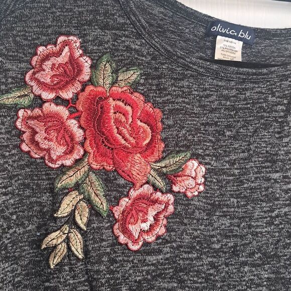 Charcoal Gray Top with Red Floral Embroidery - Picture 2 of 3